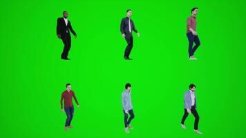 3d green screen six men walking in the field from three angles video