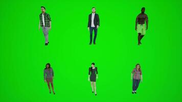 3d green screen six men and woman walking in the zoo from the front angle video