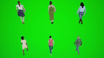 3d verde pantalla seis mujer caminando en el acera desde el espalda ángulo video