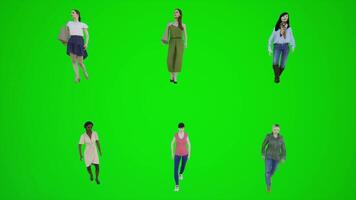 3d green screen six women walking on the sidewalk from the front angle video