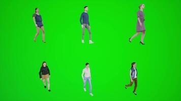 3d green screen six women walking in residential area from three corners video