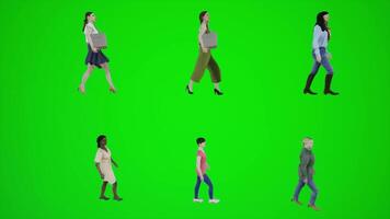 3d verde pantalla seis mujer caminando en el acera desde lado ángulo video