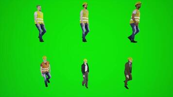3d green screen workers and engineers walking in the Arazi building from three corner angle video