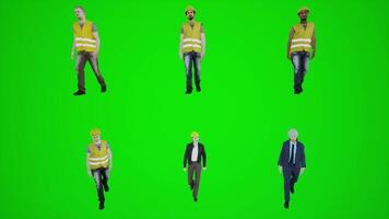 3d green screen workers and engineers walking in the Araazi building from the front angle video