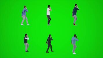 3d green screen six men walking and talking on the phone at the bus station from side angle video