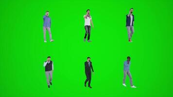 3d green screen six men walking and talking on the phone at the bus station from three angles video