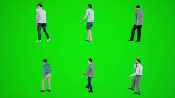 3d verde tela seis homens caminhando e falando em a telefone às gás estação a partir de três canto ângulo video