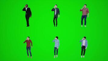 3d grön skärm sex män gående och talande på de telefon i de klyfta från de främre vinkel video