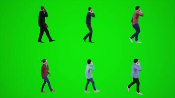 3d green screen six men walking and talking on the phone in the gorge from side angle video