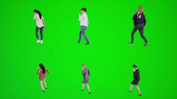 3d grön skärm sex kvinnor gående och talande på de telefon i skola från tre hörn vinkel video
