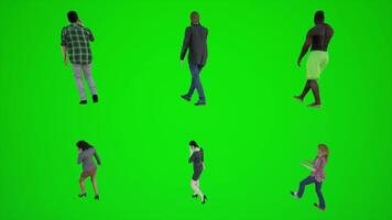 3d groen scherm zes mannen en Dames wandelen en pratend Aan de telefoon in de op te slaan van drie hoek hoek video