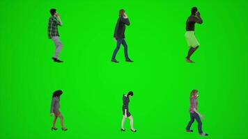 3d green screen six men and women men walking and talking on the phone in the store from side angle video