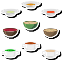 Illustration on theme big set various types beautiful tasty edible hot homemade soups png