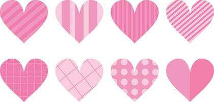 Pink heart icon set with various patterns. Dots, stripes and square ornaments. Decoration elements for greeting and love cards isolated on white background. Vector illustration