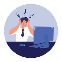 Confused male worker sitting at the office desk. Frustrated man employee with a problem. Vector illustration