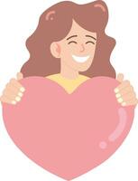 Smiling woman holding a heart. Girl gives a heart. Vector illustration