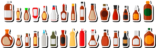 illustrazione sul kit tematico varie bottiglie di vetro riempite con salsa liquida sciroppo d'acero png