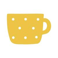 Yellow cup mug isolated vector icon. Single object clipart mug with handle. Flat colored design. Cup of coffee, tea, hot drink, cacao. Cute design element.