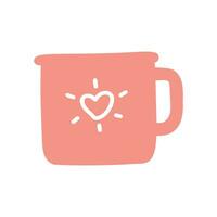 Pink cup mug isolated vector icon. Single object clipart mug with handle. Flat colored design. Cup of coffee, tea, hot drink, cacao. Cute design element.