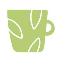 Green cup mug isolated vector icon. Single object clipart mug with handle. Flat colored design. Cup of coffee, tea, hot drink, cacao. Cute design element.