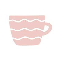 Pink cup mug isolated vector icon. Single object clipart mug with handle. Flat colored design. Cup of coffee, tea, hot drink, cacao. Cute design element.