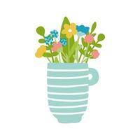 Flowers in cup vector illustration isolated on white background. Different colorful flowers in flat design and cute simple style. Light blue cup with white stripes.