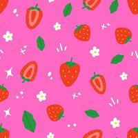 Strawberry Seamless Pattern Background Vector Design. Cute hand drawn surface pattern in bright colors. Pink, red, green, yellow and white.