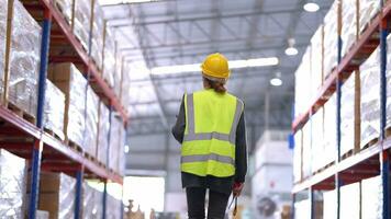 arbeider wandelen en inspecteren schappen gebrek van items voor Verzenden. terug van vrouw controle de op te slaan fabriek. industrie fabriek magazijn. de magazijn voor logistiek en vracht vervoer. video