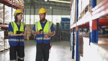 operatie arbeiders controle en inspecteren lading voor stack items voor Verzenden. mannetjes arbeider controle de op te slaan fabriek. industrie fabriek magazijn. arbeider scannen pakket in magazijn. video