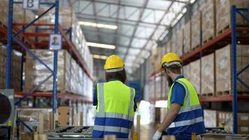 operation workers checking and inspecting cargo for stack items for shipping. males worker checking the store factory. industry factory warehouse. Worker Scanning Package In Warehouse. video