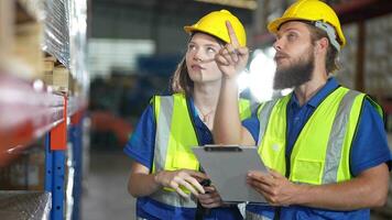 operatie arbeiders controle en inspecteren lading voor stack items voor Verzenden. mannetjes arbeider controle de op te slaan fabriek. industrie fabriek magazijn. arbeider scannen pakket in magazijn. video