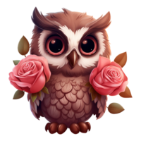 AI generated Cute owl with pink roses. AI generated image png