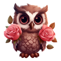 ai généré mignonne hibou avec rose des roses. ai généré image png