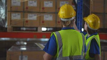 operatie arbeiders controle en inspecteren lading voor stack items voor Verzenden. mannetjes arbeider controle de op te slaan fabriek. industrie fabriek magazijn. arbeider scannen pakket in magazijn. video