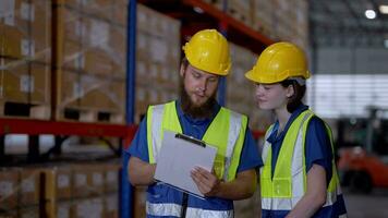 operatie arbeiders controle en inspecteren lading voor stack items voor Verzenden. mannetjes arbeider controle de op te slaan fabriek. industrie fabriek magazijn. arbeider scannen pakket in magazijn. video