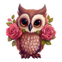 AI generated Cute owl with pink roses. AI generated image png