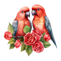 AI generated Lovebird sitting on a branch with roses. AI generated image png