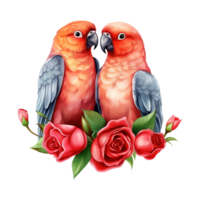 AI generated Lovebird sitting on a branch with roses. AI generated image png