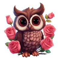 AI generated Cute owl with pink roses. AI generated image png