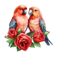 AI generated Lovebird sitting on a branch with roses. AI generated image png