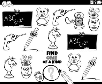 uno de un tipo juego con dibujos animados objetos colorante página vector