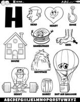 Letter H set with cartoon objects and characters coloring page vector