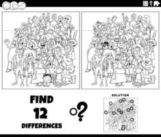 differences game with cartoon people crowd coloring page vector