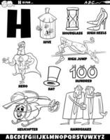 Letter H set with cartoon objects and characters coloring page vector