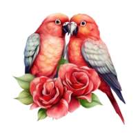 ai generiert Lovebird Sitzung auf ein Ast mit Rosen. ai generiert Bild png