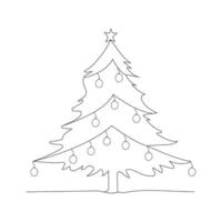 Continuous one line drawing of Christmas tree with star, garland and decorations. Hand drawn Christmas tree isolated on white background. Linear style. Vector illustration