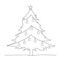 Continuous one line drawing of Christmas tree with star, garland and decorations. Hand drawn Christmas tree isolated on white background. Linear style. Vector illustration