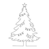 Continuous one line drawing of Christmas tree with star, garland and decorations. Hand drawn Christmas tree isolated on white background. Linear style. Vector illustration