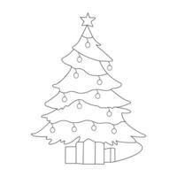 Continuous one line drawing of Christmas tree with star, garland and decorations. Hand drawn Christmas tree isolated on white background. Linear style. Vector illustration