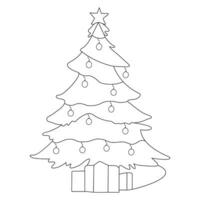 Continuous one line drawing of Christmas tree with star, garland and decorations. Hand drawn Christmas tree isolated on white background. Linear style. Vector illustration